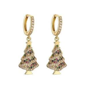 Gold Christmas Tree Earrings Dangle Gemstone Huggie Hoop‎ Women Jewelry Gift